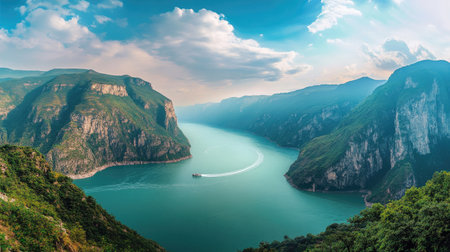 A panoramic view of the Yangtze River flowing through a deep gorge. No people, copy space.の素材