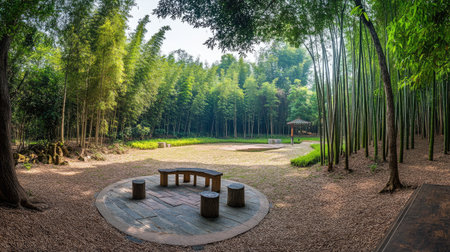 A panoramic view of the Chengdu Panda Base with bamboo groves. No people, copy space.の素材