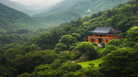 A quiet Chinese monastery nestled among lush green hills. No people, copy space.の素材