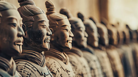 A row of terracotta warriors standing in formation, a historic treasure. No people, copy space.の素材