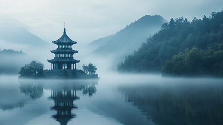 A serene view of a Chinese pagoda on a misty morning. No people, copy space.の素材