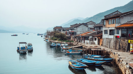 A serene view of a Chinese fishing village with boats docked by the shore. No people, copy space.の素材
