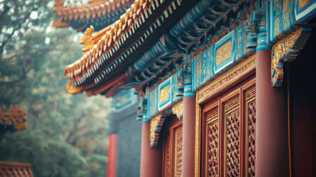 A traditional Chinese gate with ornate designs and vibrant colors. No people, copy space.の素材