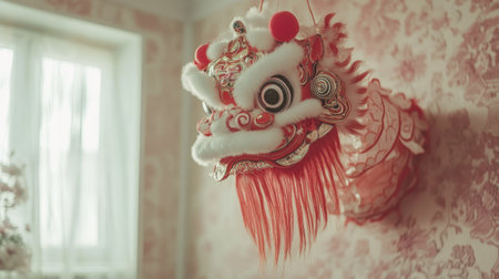 A traditional Chinese dragon dance costume hanging in a room. No people, copy space.の素材
