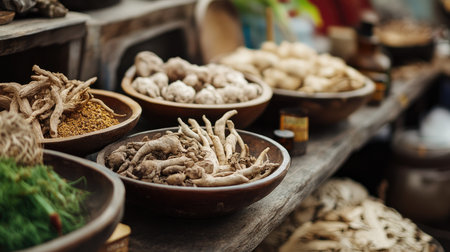 A traditional Chinese herbal medicine display with roots and leaves. No people, copy space.の素材