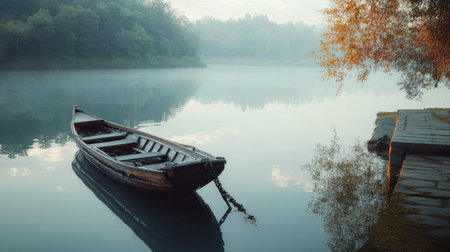 A traditional Chinese fishing boat docked by a calm river. No people, copy space.の素材