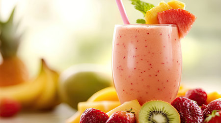 A close-up of a fruit smoothie with fresh ingredients around, with ample space for text.の素材