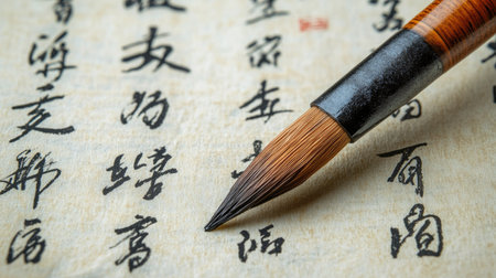 A traditional Chinese calligraphy brush and ink on rice paper. No people, copy space.の素材