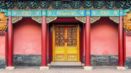 A traditional Chinese gate with ornate designs and vibrant colors. No people, copy space.の素材