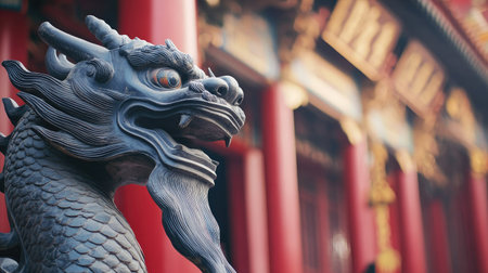 A traditional Chinese dragon statue at the entrance of a temple. No people, copy space.の素材