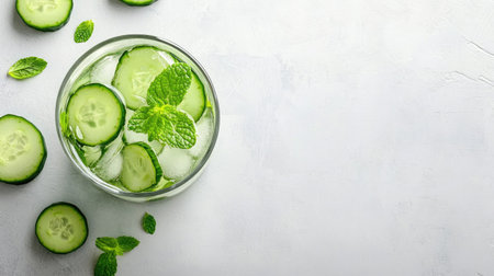 A glass of detox water with cucumber slices and mint, with space for text on a clean surface.の素材