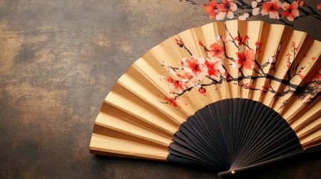 A traditional Chinese paper fan with hand-painted flowers. No people, copy space.の素材