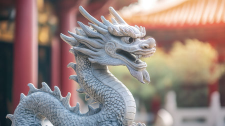 A traditional Chinese dragon statue at the entrance of a temple. No people, copy space.の素材