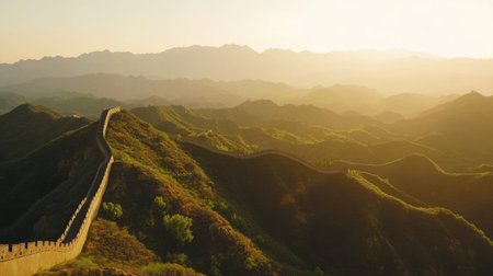 The Great Wall of China stretching across misty mountains under a clear sky. No people, copy space available.の素材