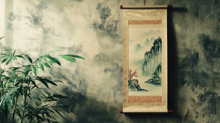 A traditional Chinese silk scroll painting hanging on a wall. No people, copy space.の素材