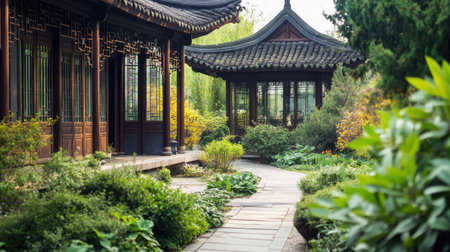 A traditional Chinese herb garden with various medicinal plants. No people, copy space.の素材