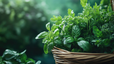A close-up of fresh herbs in a basket, with ample space for text on the side. No people.の素材