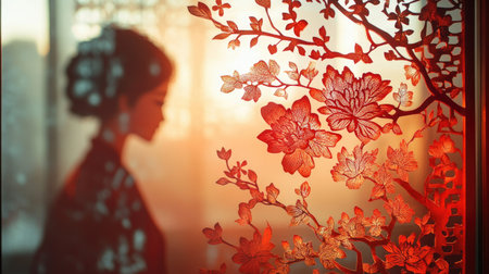 A traditional Chinese paper-cutting art piece displayed on a window. No people, copy space.の素材