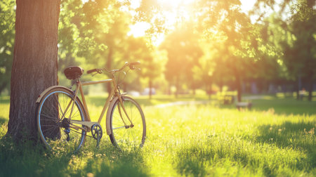 A bicycle parked against a tree in a sunny park, with ample space for text in the background.の素材