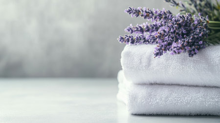 A stack of fresh, white towels on a spa table with a sprig of lavender, and space for text.の素材