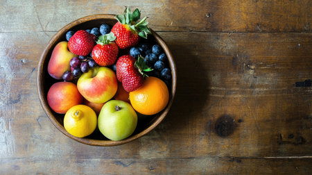 A bowl of fresh colorful fruits arranged on a wooden table with ample space for text. No people.の素材