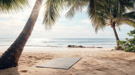 A serene beach scene with yoga mat laid out under a palm tree, perfect for text overlay. No people.の素材