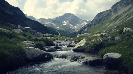 A serene mountain scene with a flowing stream, perfect for text overlay in the sky. No people.の素材