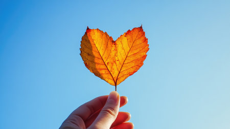A hand holding a heart-shaped leaf against a clear blue sky, with ample text space. No people.の素材