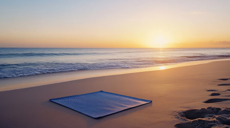 A calm beach at sunrise, with a yoga mat laid out on the sand and space for text.の素材