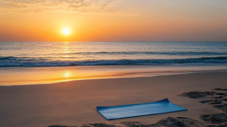 A calm beach at sunrise, with a yoga mat laid out on the sand and space for text.の素材