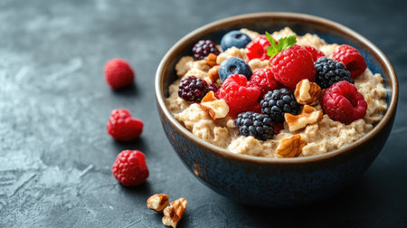 A bowl of oatmeal topped with fresh berries and nuts, with space for text on the side. No people.の素材