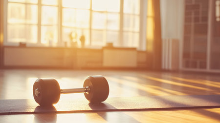 A pair of dumbbells resting on a yoga mat in a bright, sunlit room, with space for text.の素材