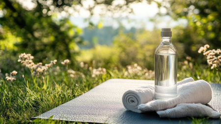 A yoga mat with a water bottle and towel in a peaceful outdoor setting, space for text. No people.の素材