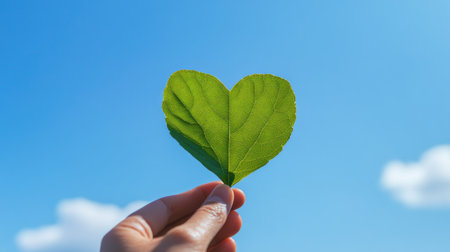 A hand holding a heart-shaped leaf against a clear blue sky, with ample text space. No people.の素材