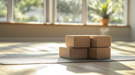 A pair of yoga blocks and a mat in a bright studio, with space for text in the background.の素材