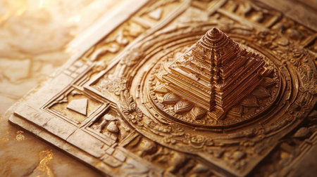Close-up of a sacred Jain yantra with intricate details, no people, serene background, copy spaceの素材