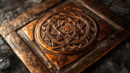 Close-up of a sacred Jain yantra inscribed on a copper plate, no people, minimalistic backgroundの素材