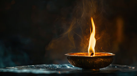 Close-up of a traditional Jain deepak with a burning flame, no people, dark background, copy spaceの素材