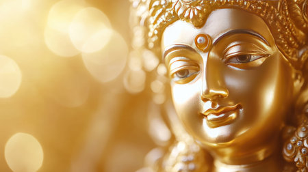 Golden Hindu deity statue with space for text on a soft background. Symbol of divine presence.の素材