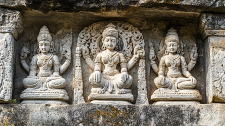 Ancient Hindu rock carvings with space for text on a plain background. Spiritual history.の素材