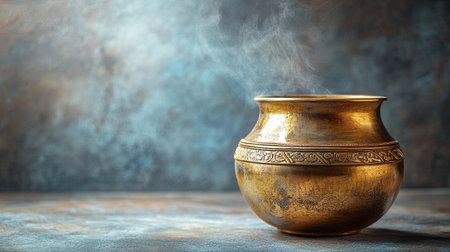 Hindu holy water pot (kamandalu) with space for text on a soft background. Used in rituals.の素材