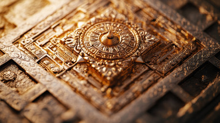 Close-up of a sacred Jain yantra with intricate details, no people, serene background, copy spaceの素材