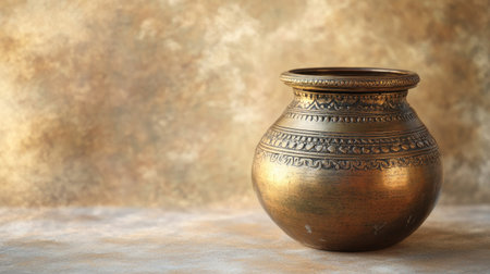 Hindu holy water pot (kamandalu) with space for text on a soft background. Used in rituals.の素材