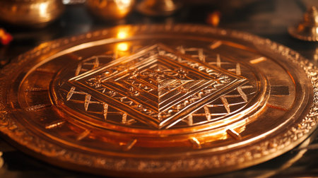 Close-up of a sacred Jain yantra on a copper plate, no people, clean background, ample space for textの素材