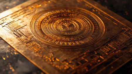 Close-up of a sacred Jain yantra inscribed on a copper plate, no people, minimalistic backgroundの素材