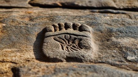 Footprints (charan paduka) of Lord Mahavira carved in stone, serene setting, no people, space for textの素材