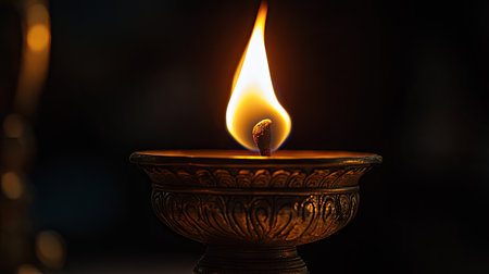 Close-up of a traditional Jain lamp (deepak) with a burning flame, no people, dark background, copy spaceの素材