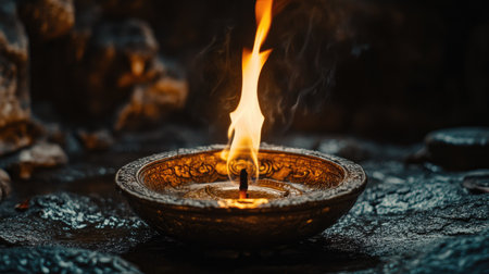 Close-up of a traditional Jain deepak with a burning flame, no people, dark background, copy spaceの素材