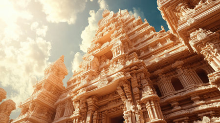 Hindu temple architecture with space for text in the sky. Ancient marvels of design.の素材
