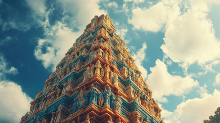Hindu temple gopuram (tower) with space for text in the sky. Architectural marvel.の素材